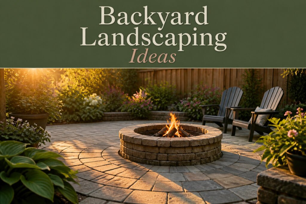 A landscaped backyard featuring seating areas, plants, and outdoor decor.