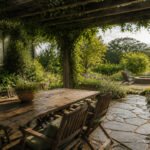 A backyard patio featuring seating, plants, and decorative elements.