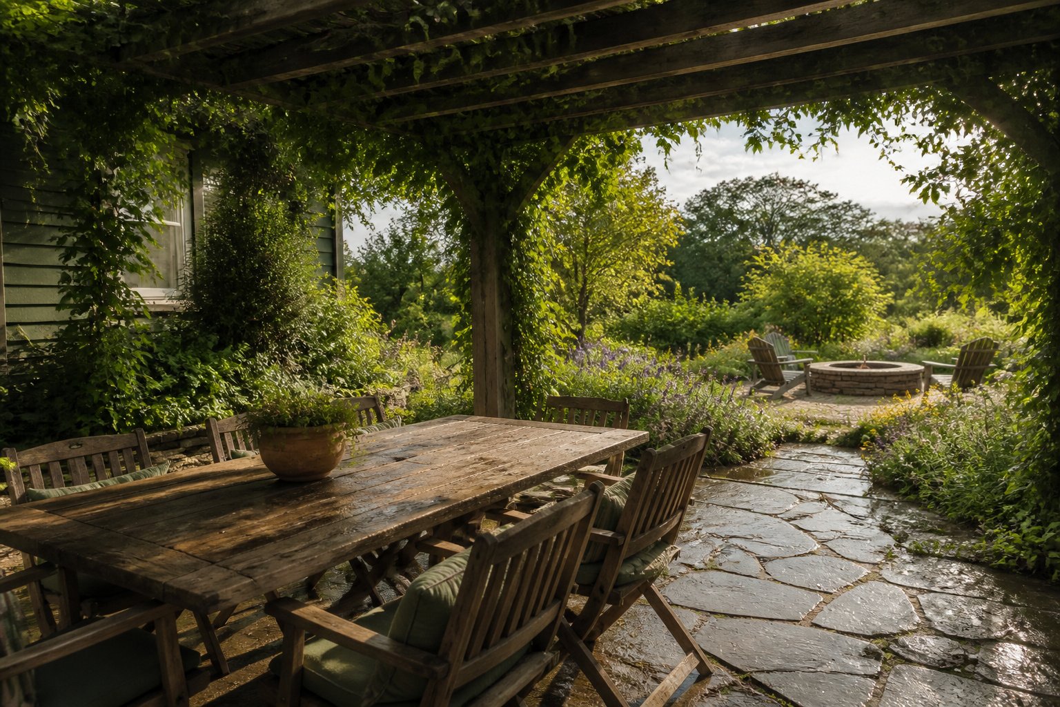A backyard patio featuring seating, plants, and decorative elements.