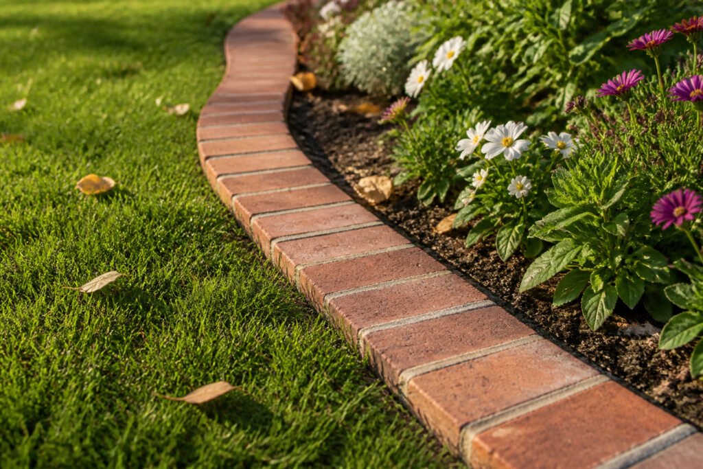 A brick garden edging outlining a garden bed with lush greenery.