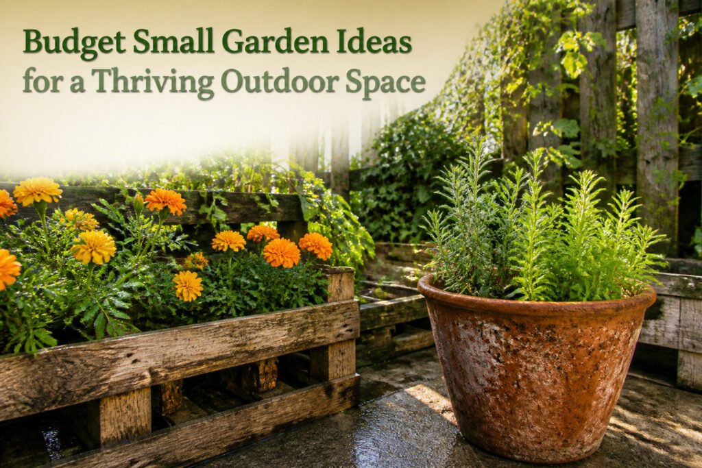 A small garden filled with various plants and decorative elements.