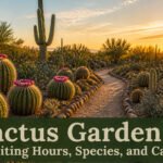 A cactus garden with various species and gravel pathways under bright sunlight.