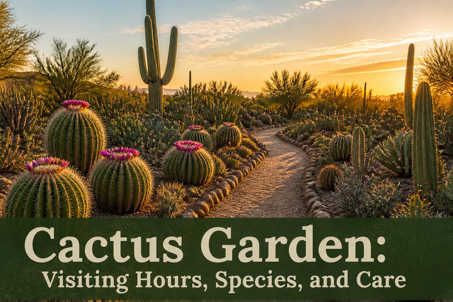 A cactus garden with various species and gravel pathways under bright sunlight.